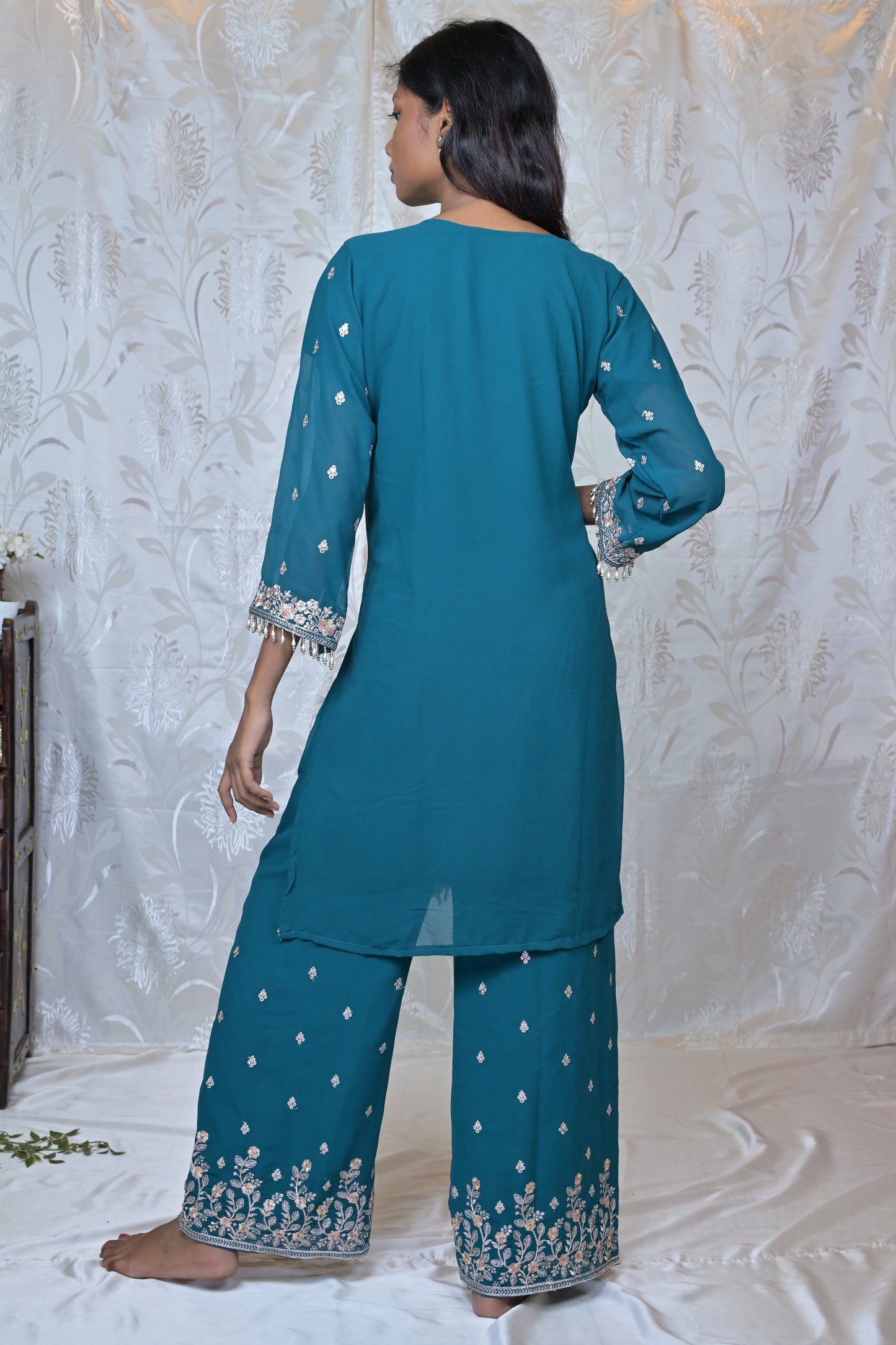 Exquisite Embroidered Georgette Party Wear Suit Set with Palazzos & Dupatta