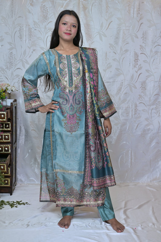 Embroidered Chanderi Kurta Set with Printed Dupatta