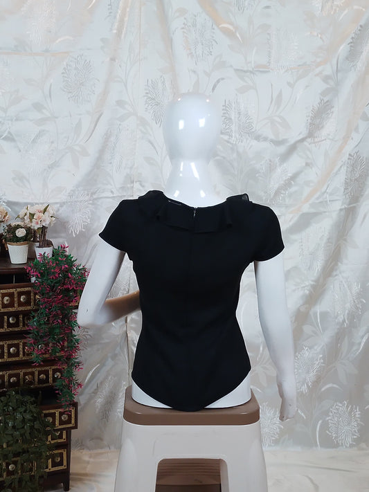 Women Black half Sleeve Ruffle-Neck Top