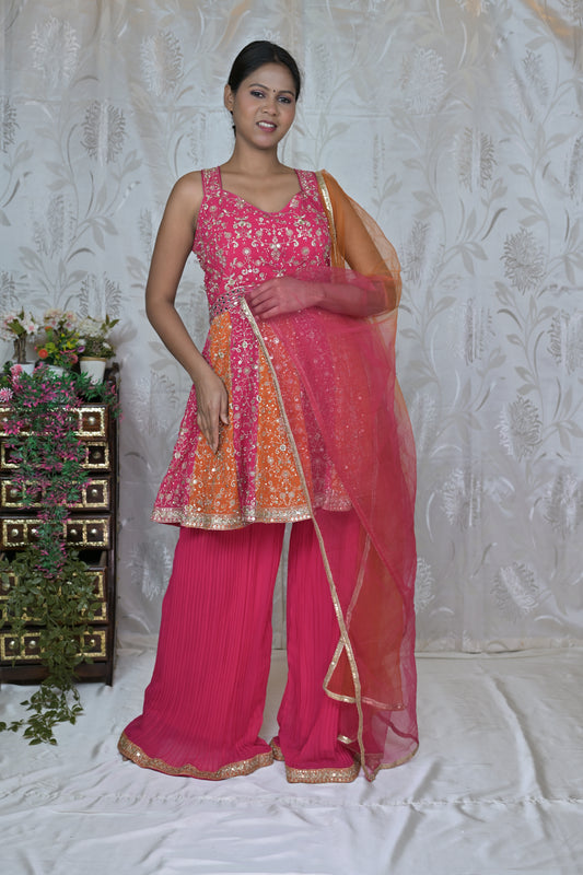 Pink & Orange Peplum Kurta with Palazzo & Dupatta Set
