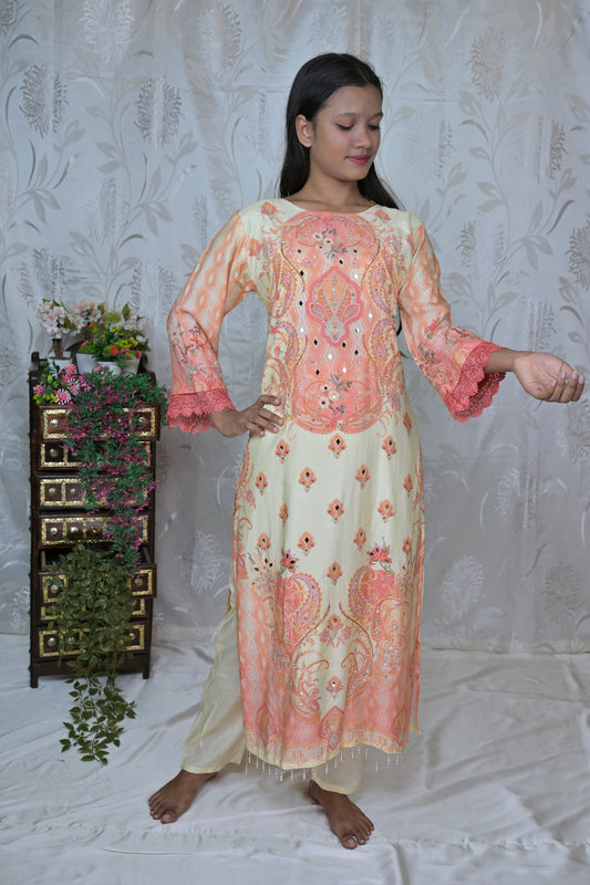 Mirror Work Muslin Kurta with Peach Dupatta