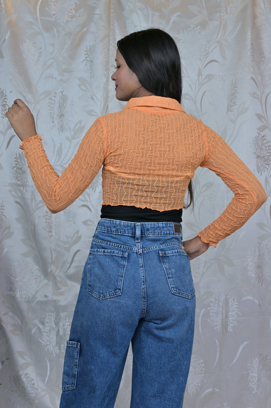 Orange Mesh Crop Top with Collar & Front Hook Detail