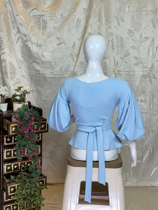 Light Blue Wrap-Style Peplum Top