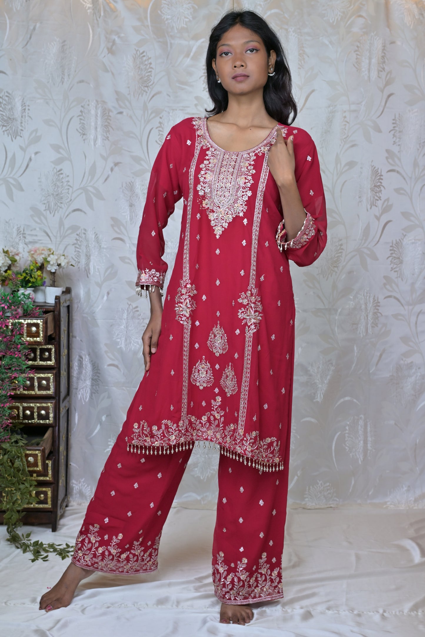 Exquisite Embroidered Georgette Party Wear Suit Set with Palazzos & Dupatta