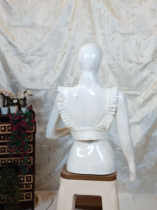 White Solid Ruffled Sleeveless Top