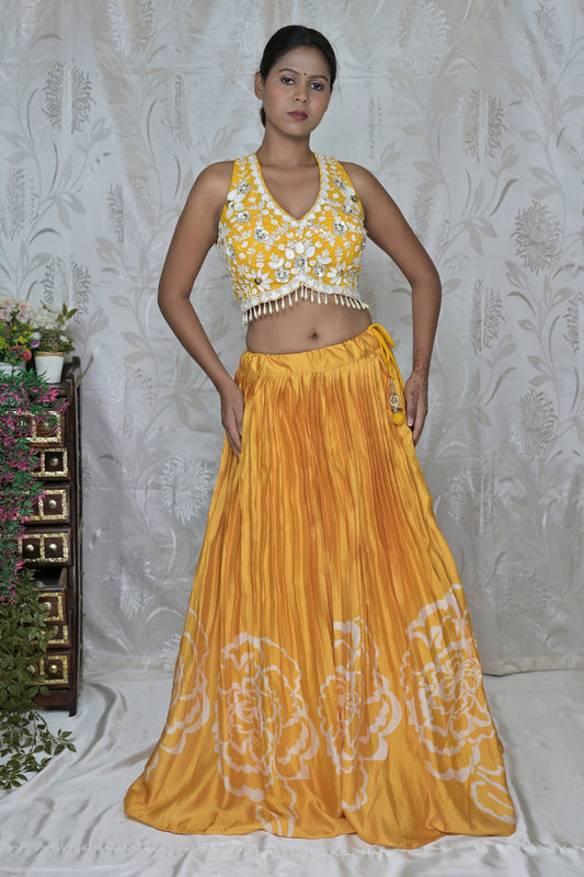 Elegant Floral Print Lehenga with White Shell Detail Blouse