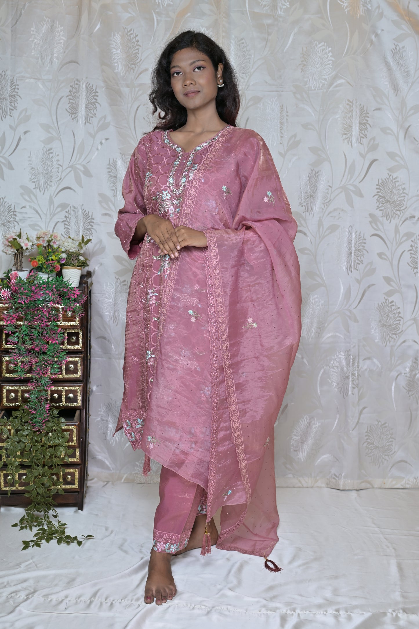 Artistic Floral Painted Kurta Set with Wrap Detail