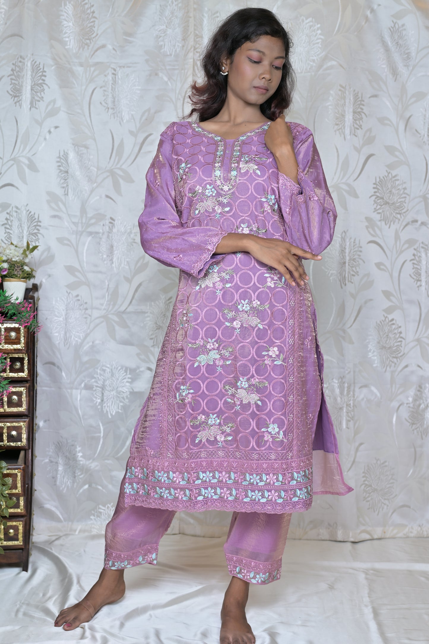 Artistic Floral Painted Kurta Set with Wrap Detail