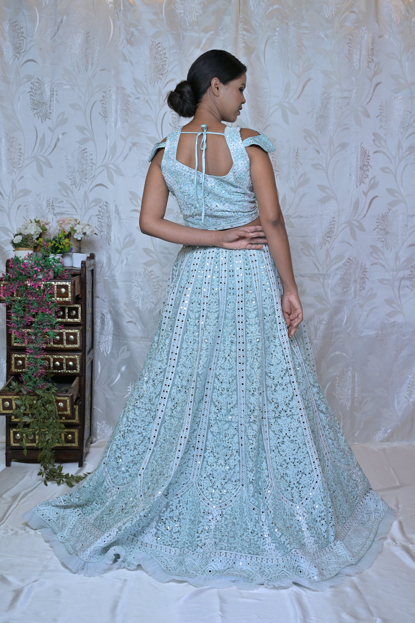Icy Blue Sequin Lehenga Set with Bag