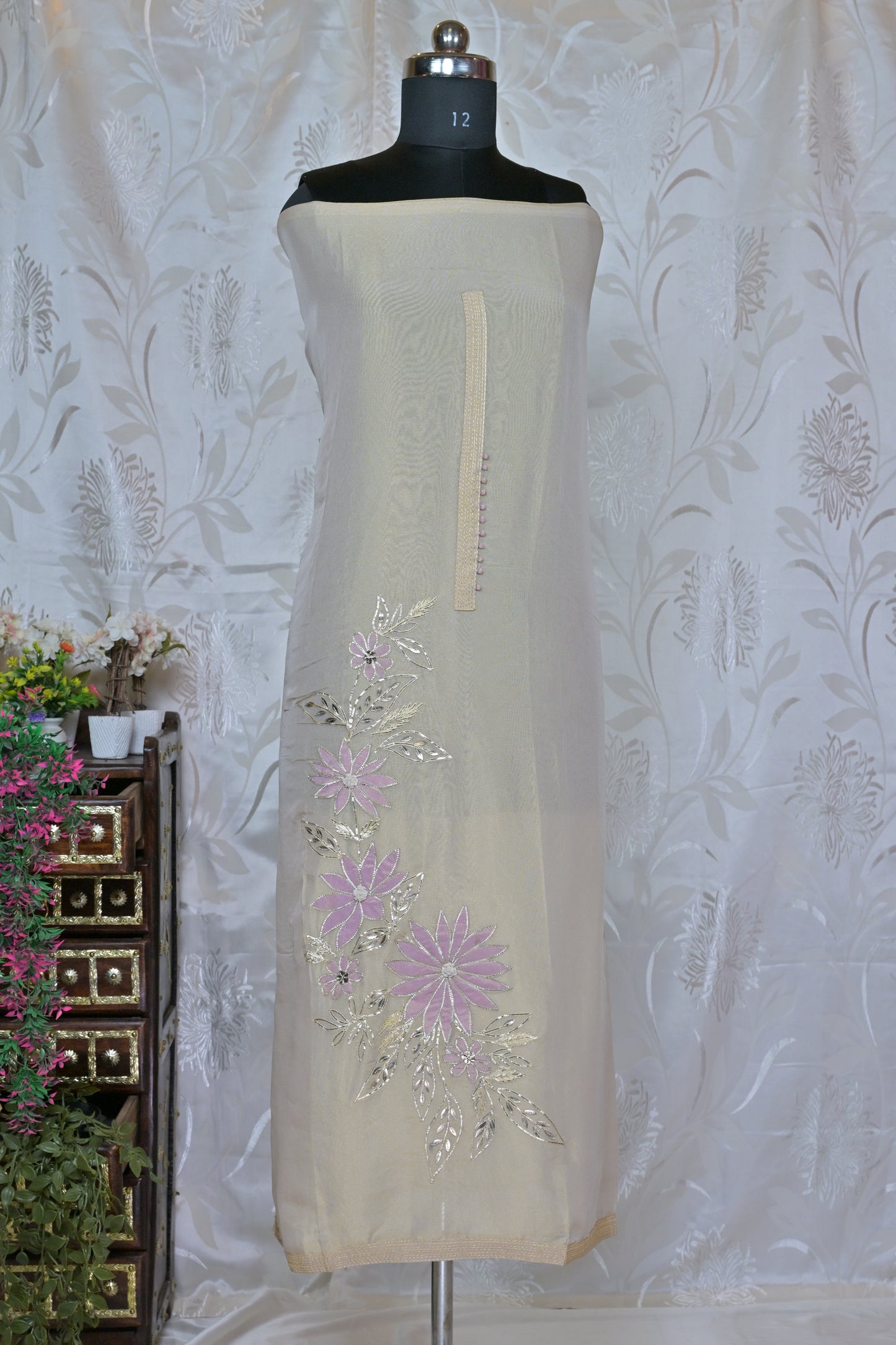 Off-White Semi-Stitched Suit Material with Dual-Tone Floral Embroidery & Metallic Accents