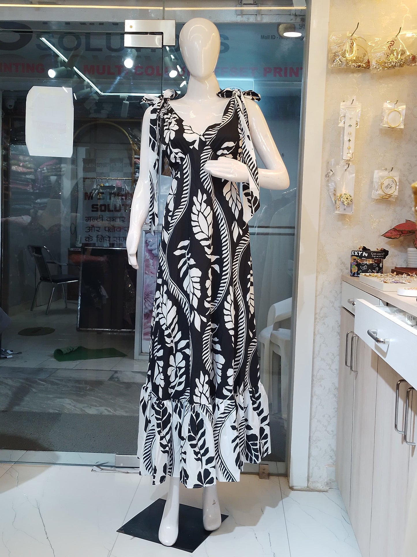 Tropical Noir" Tie-Shoulder Maxi Dress