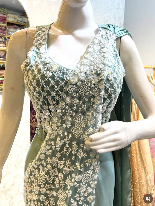 Sage Green Georgette Pre-Draped Saree with Intricate Pearl & Sequin Embellished Blouse