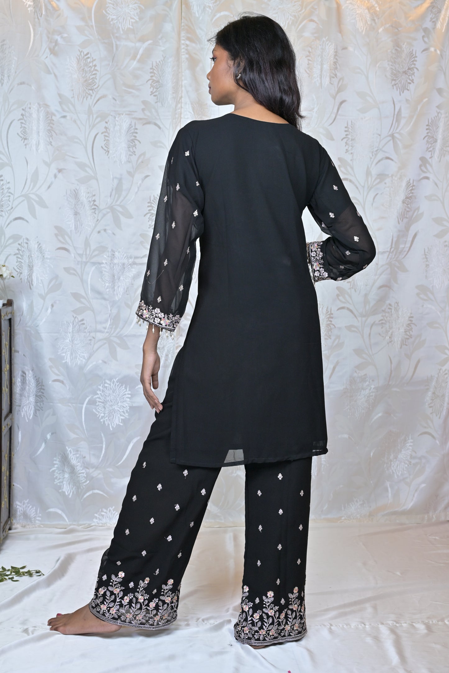 Exquisite Embroidered Georgette Party Wear Suit Set with Palazzos & Dupatta
