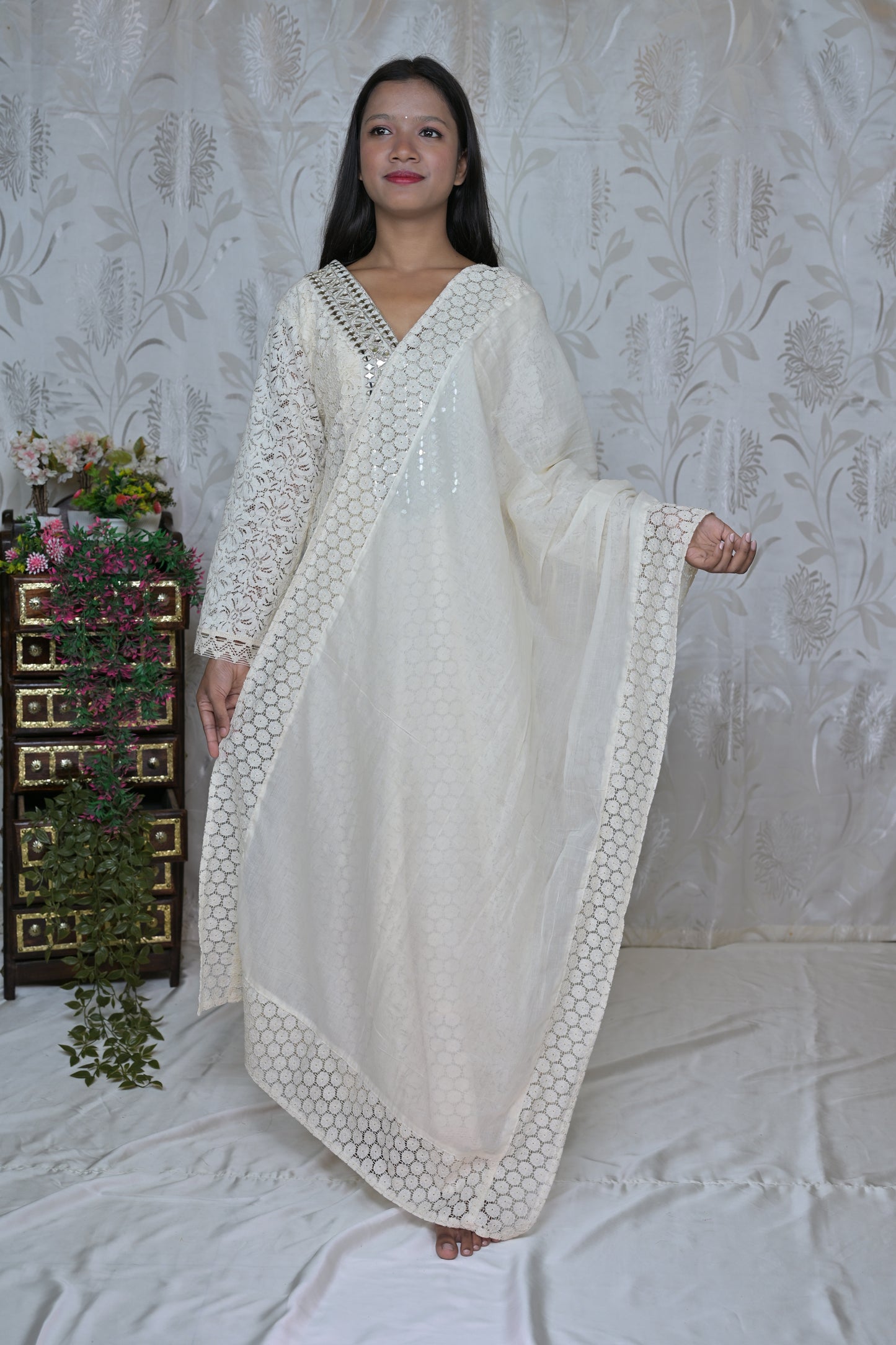 Off-White Cutwork Suit Set