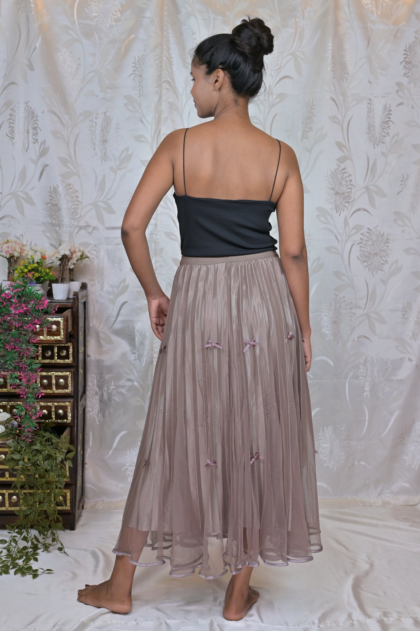 Women's Mesh Pleated A-Line Midi Skirt with Bow Details