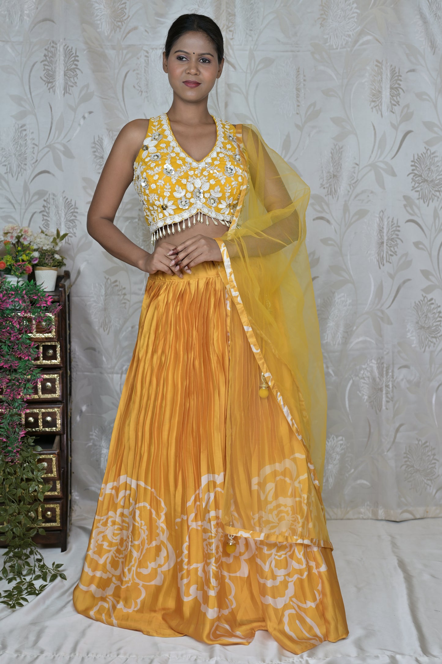 Elegant Floral Print Lehenga with White Shell Detail Blouse