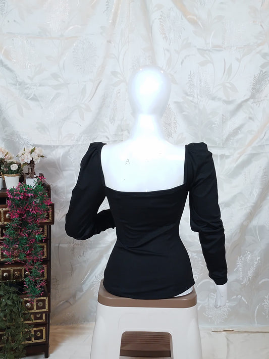 Women Black Sweetheart Neck Puff Sleeve Top
