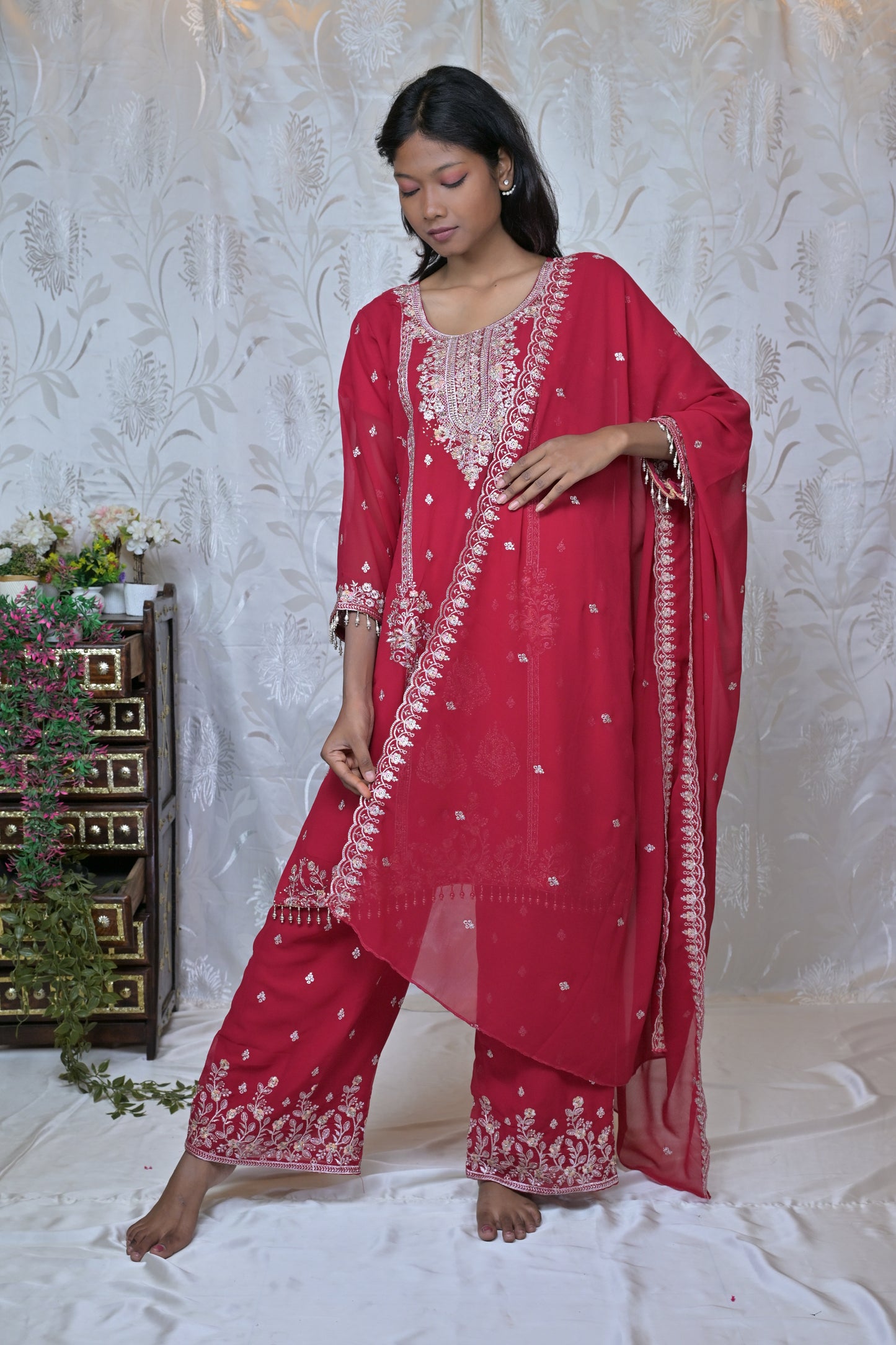 Exquisite Embroidered Georgette Party Wear Suit Set with Palazzos & Dupatta