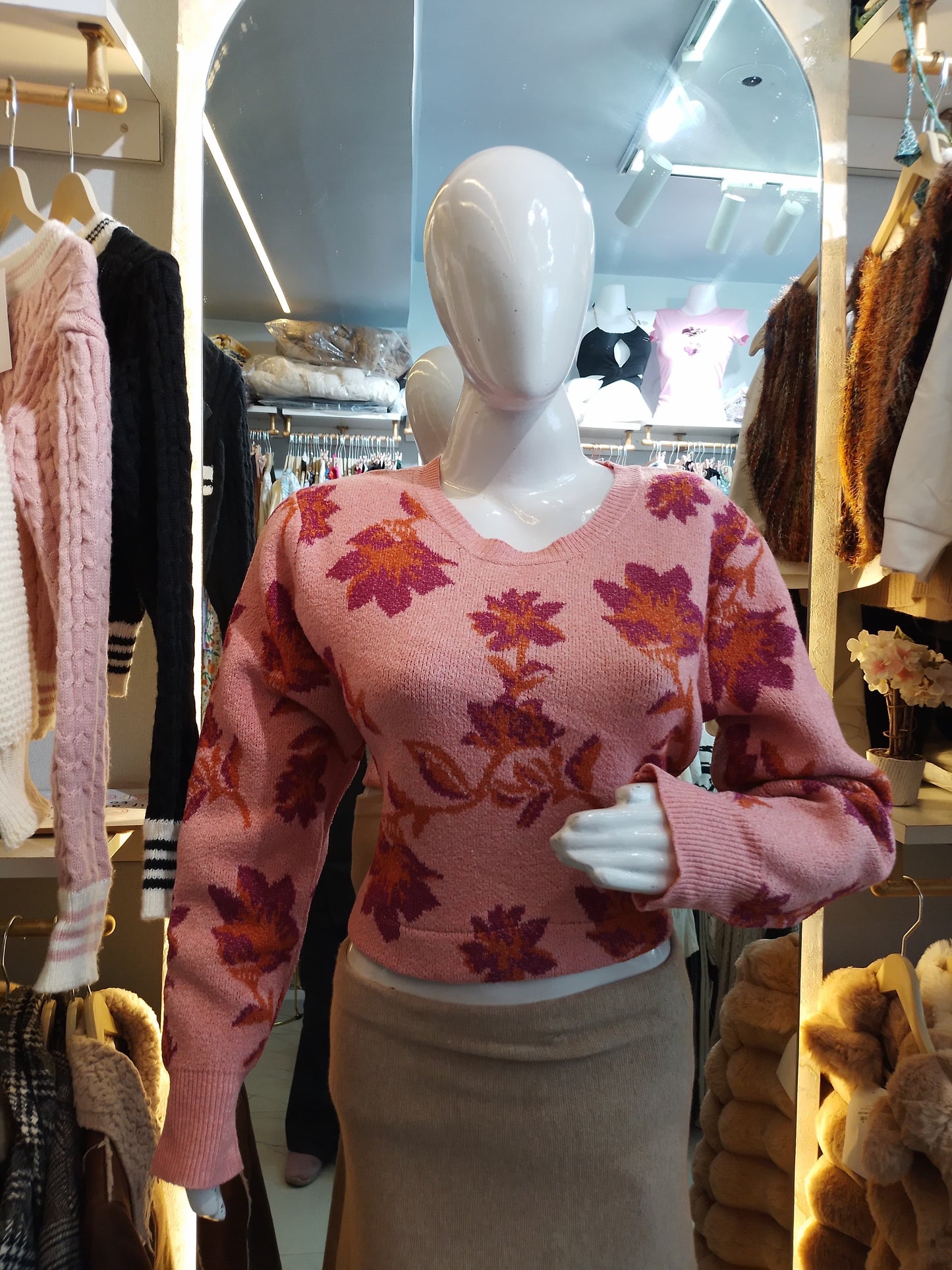 Autumn Bloom" Cropped V-Neck Knit Sweater