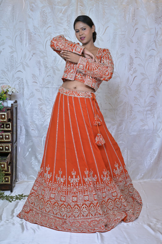 Orange Embroidered Lehenga Set with Jacket