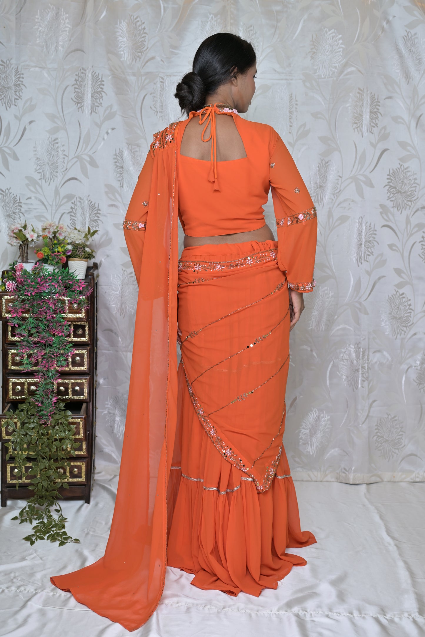 Orange Readymade Saree-Inspired Indo-Western Outfit