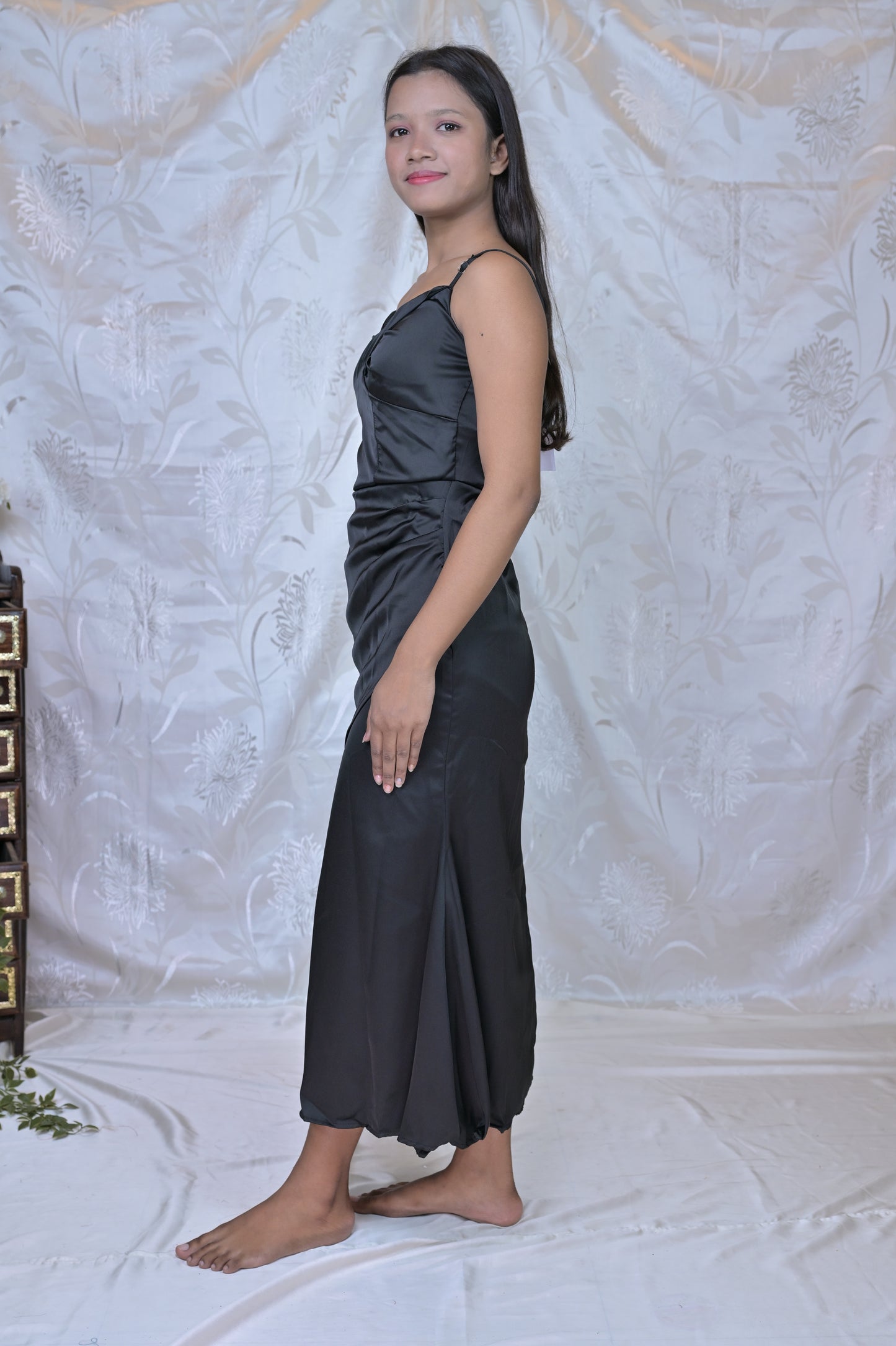 Black Solid Tiered Hem Satin Midi Dress