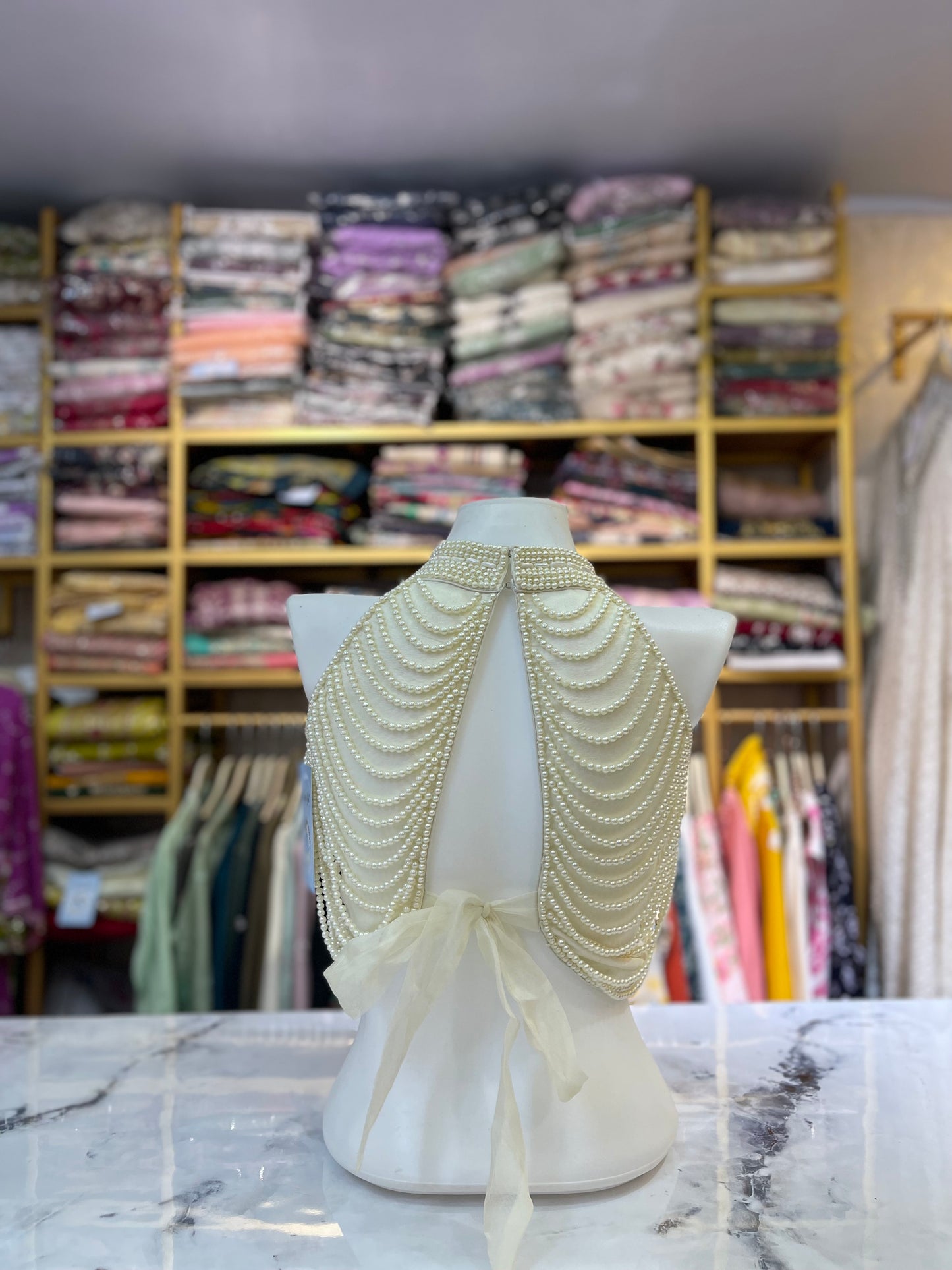 Cream/Off-White Beaded Halter Blouse