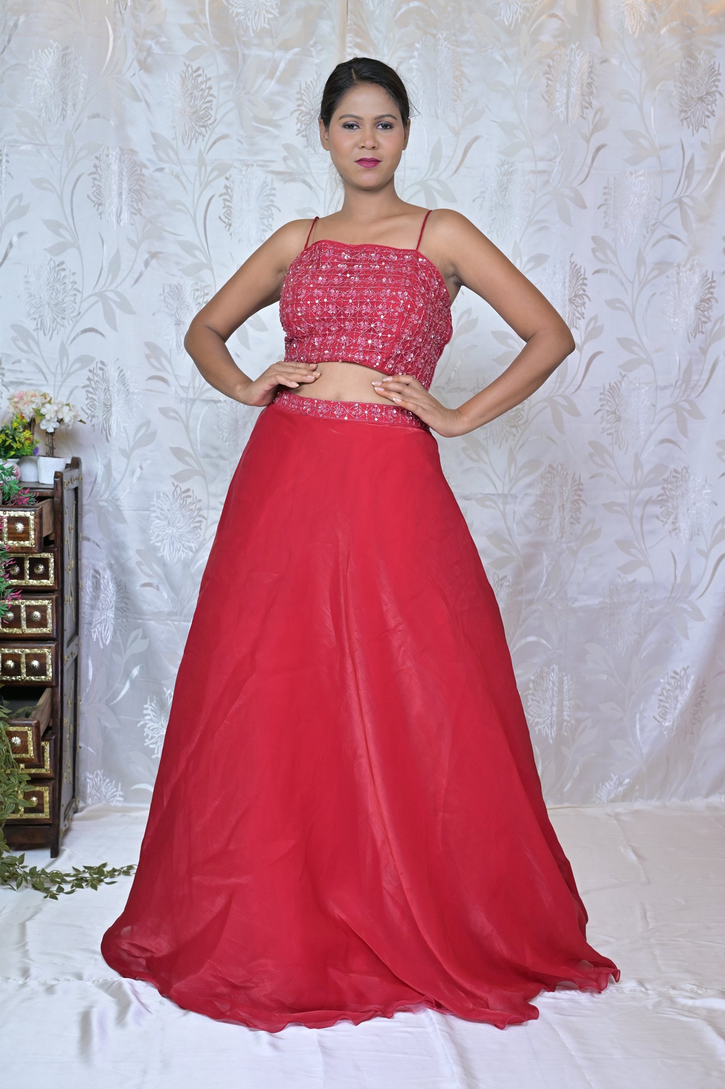 Glamorous Red Sequin Drape Lehenga