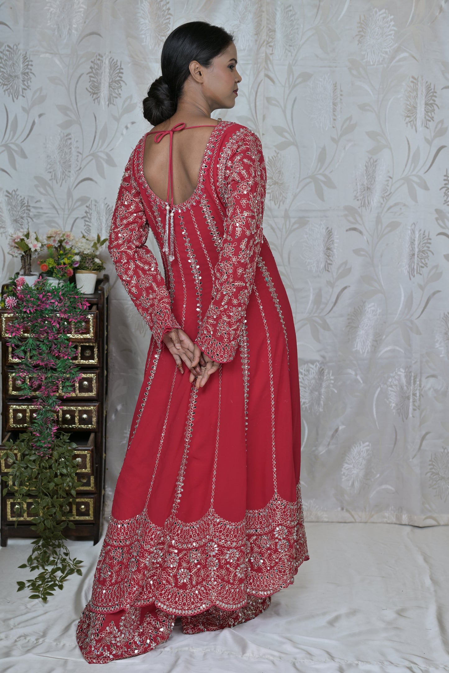 Regal Red Mirror Work Anarkali Suit Set