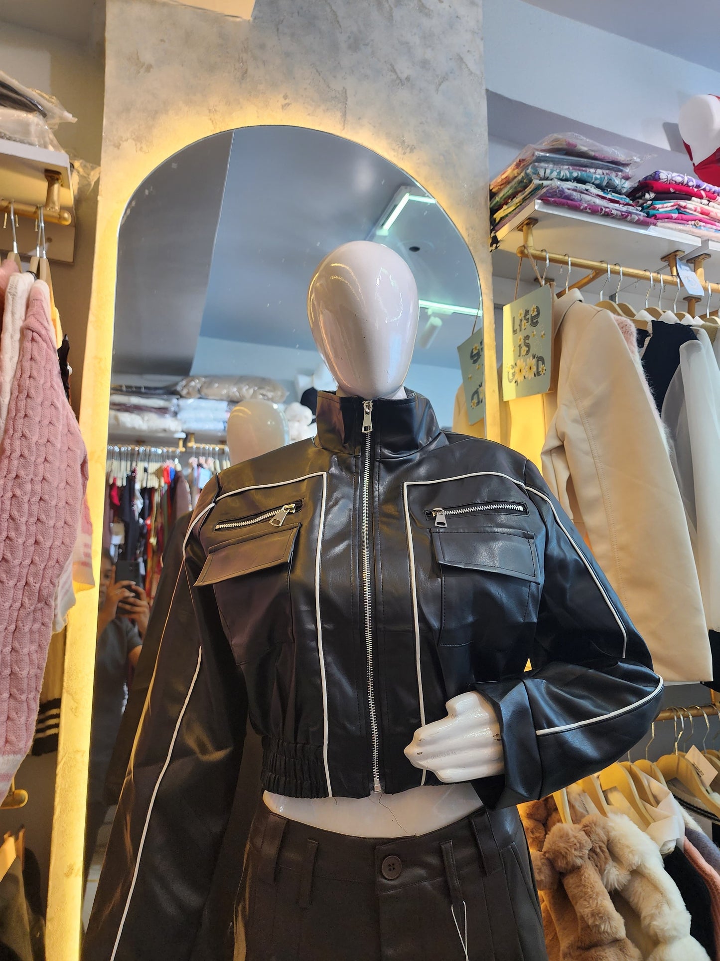 Matrix Edge" Cropped Faux Leather Biker Jacket