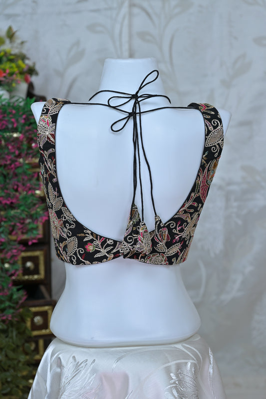 Black Zari Work Neck Blouse with Back Thread Detail