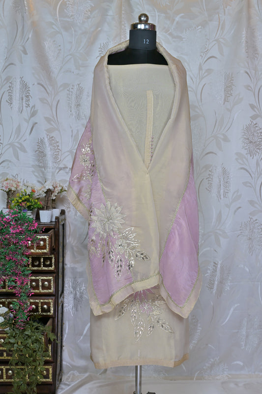 Off-White Semi-Stitched Suit Material with Dual-Tone Floral Embroidery & Metallic Accents