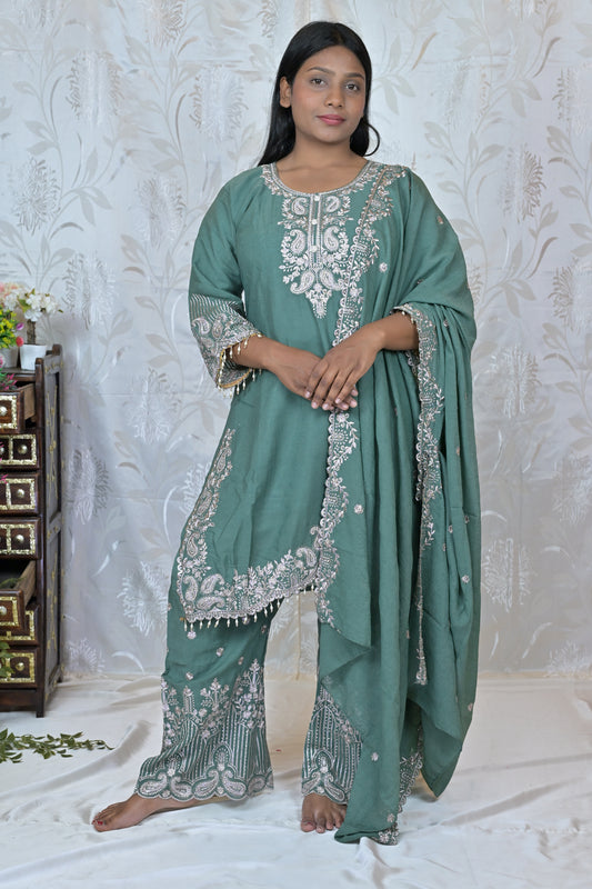 Embroidered Palazzo Suit Set with Tassel Detail