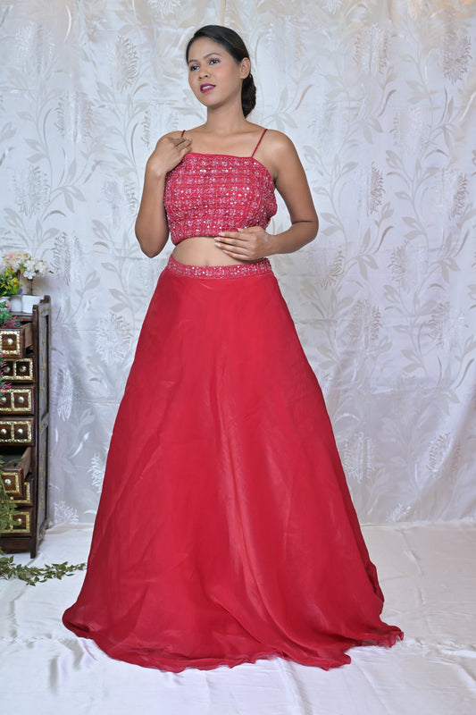 Glamorous Red Sequin Drape Lehenga