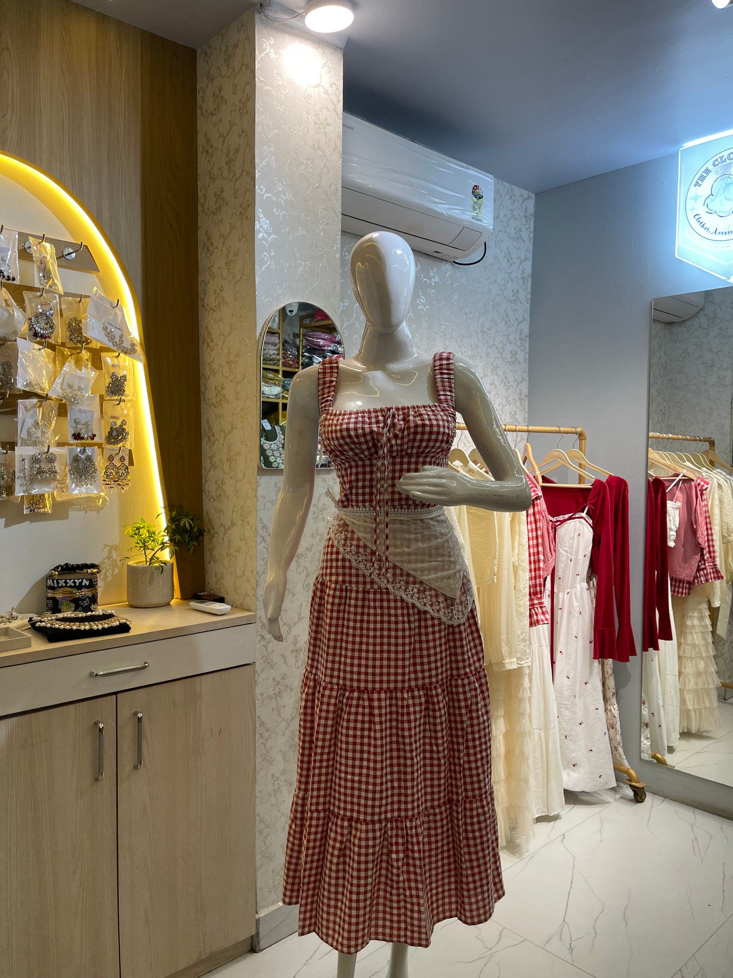 Red & White Gingham Checked Tiered A-Line Maxi Dress with Lace Waist Detail