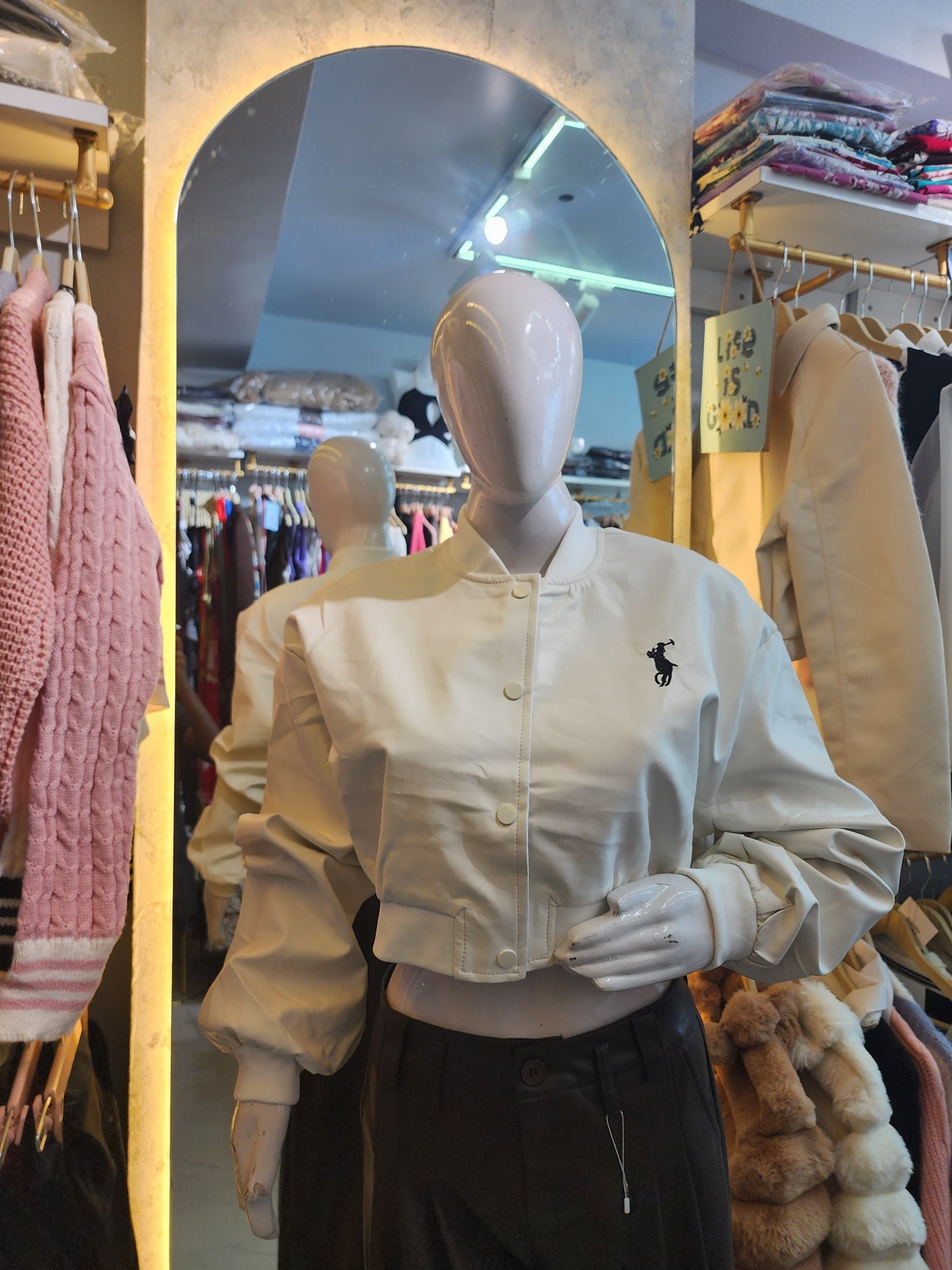 Ivory Siren" Cropped Faux Leather Zip-Up Jacket