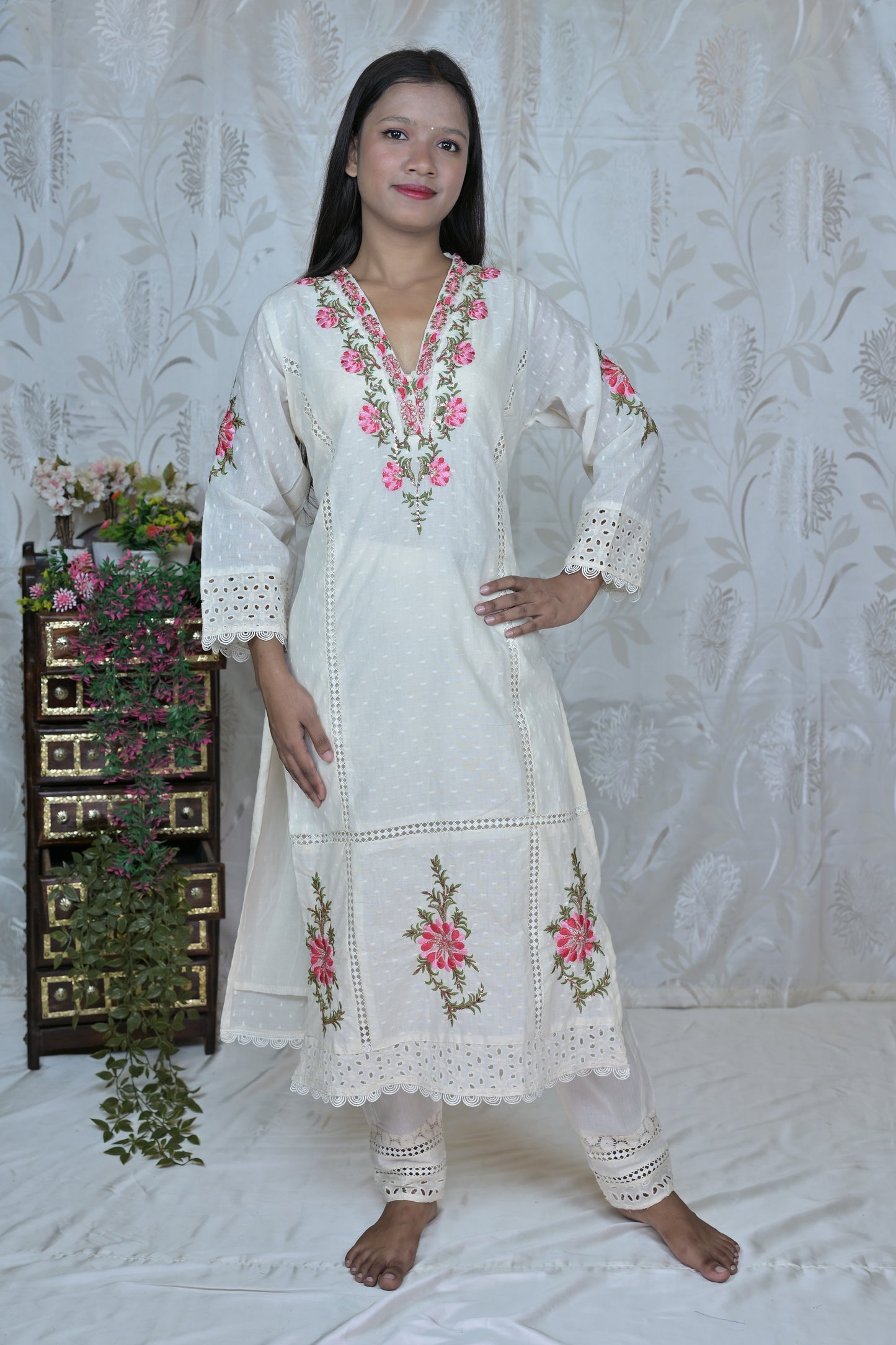 Delicate Floral & Cutwork White Suit