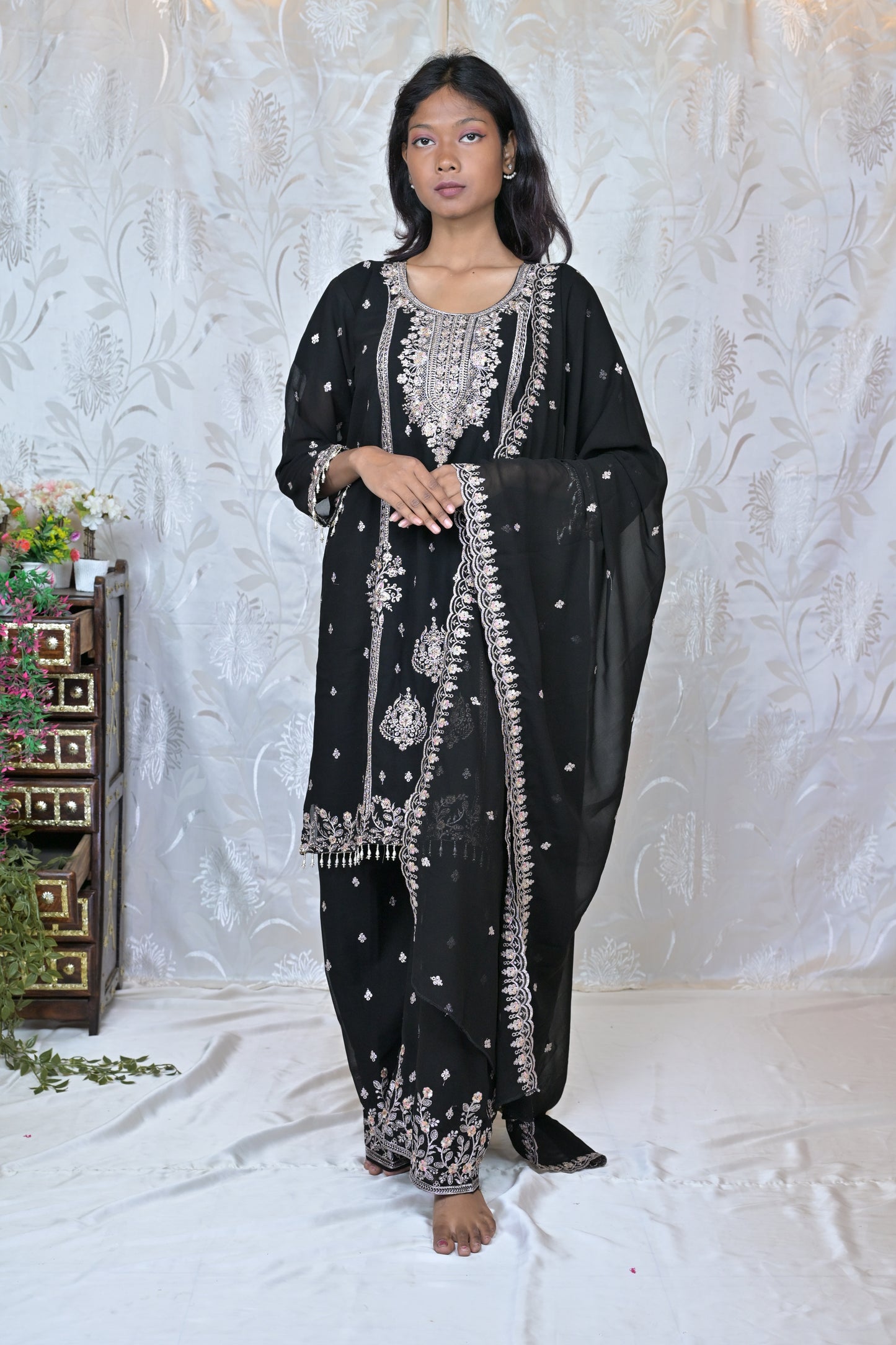 Exquisite Embroidered Georgette Party Wear Suit Set with Palazzos & Dupatta