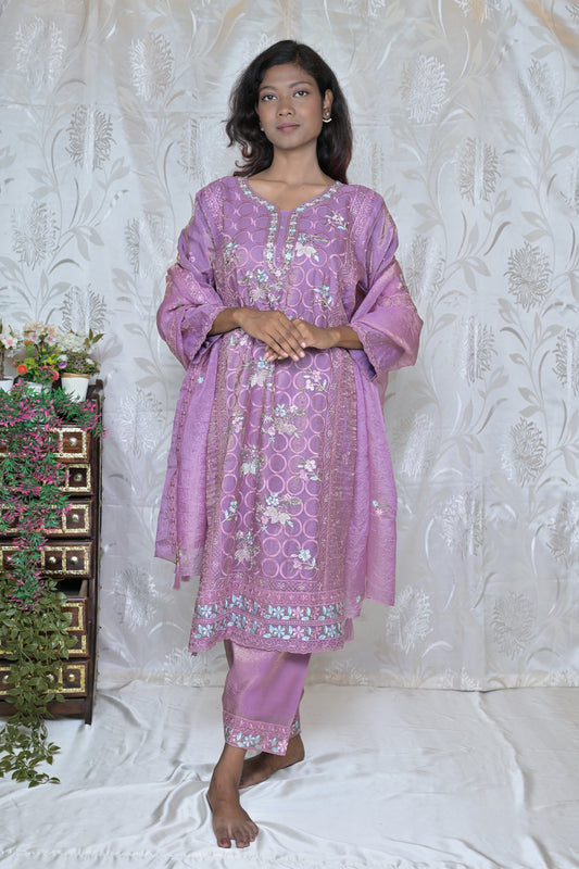 Artistic Floral Painted Kurta Set with Wrap Detail
