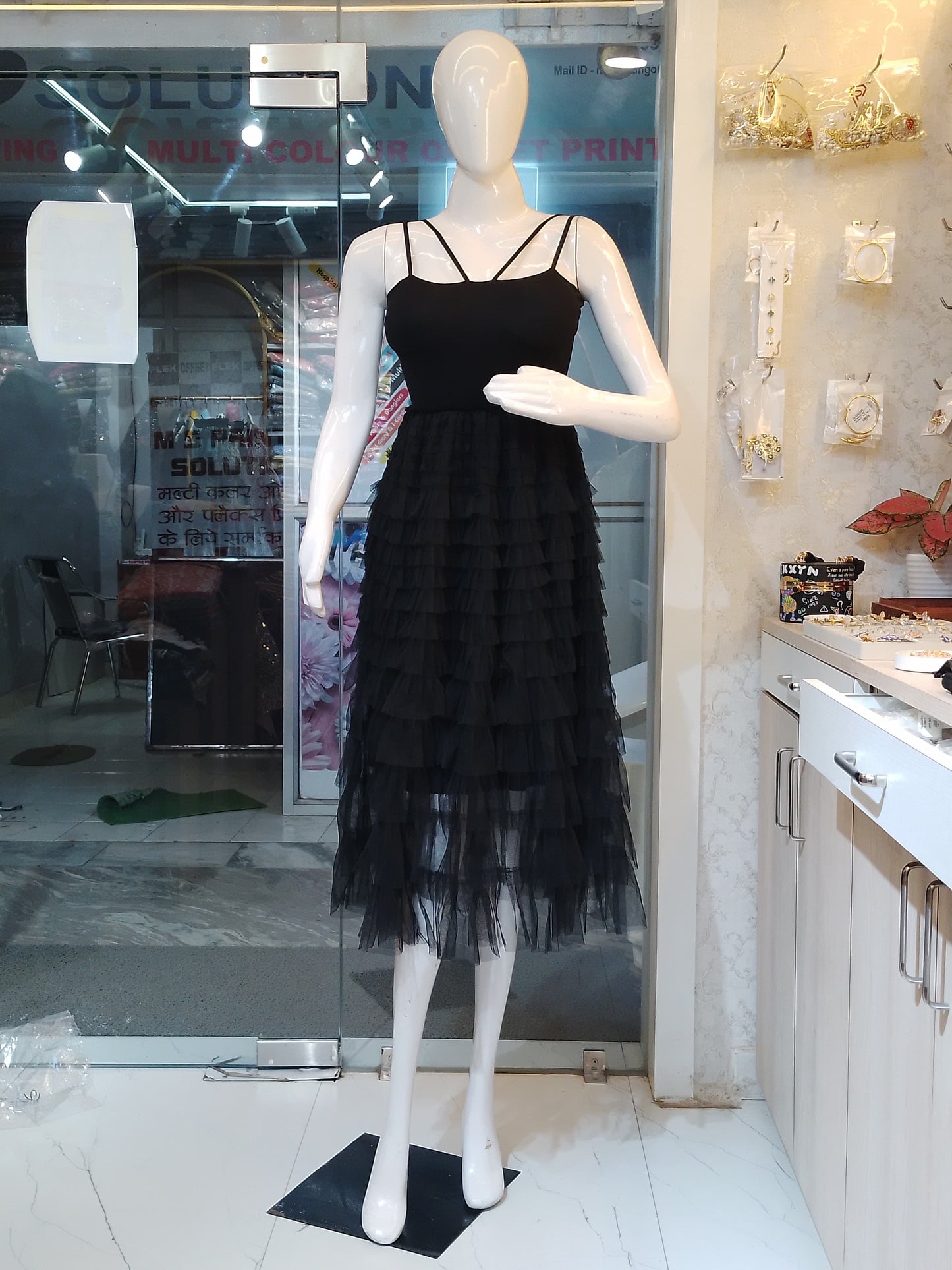 Black Swan" Tiered Tulle Midi Dress