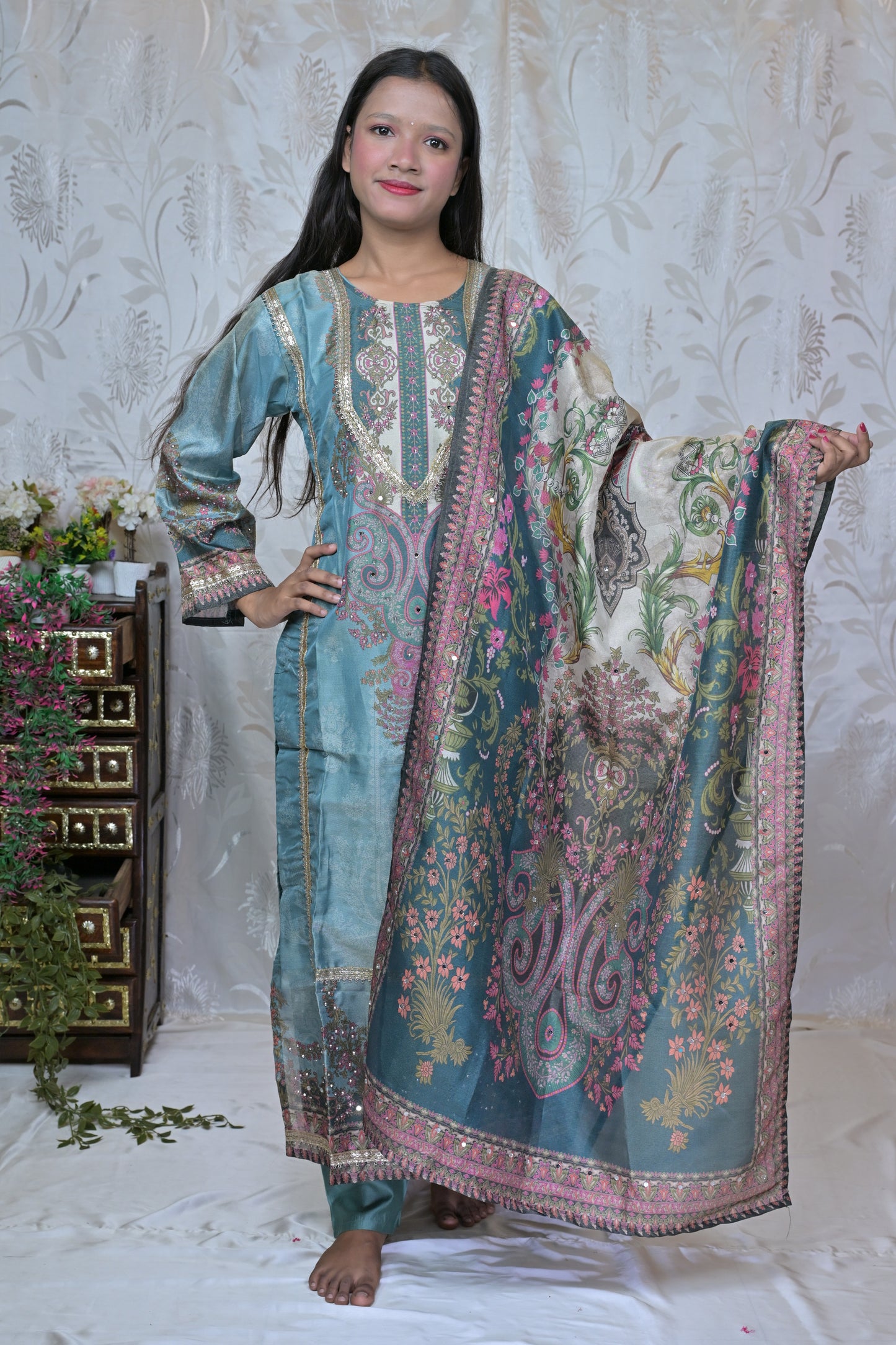 Embroidered Chanderi Kurta Set with Printed Dupatta