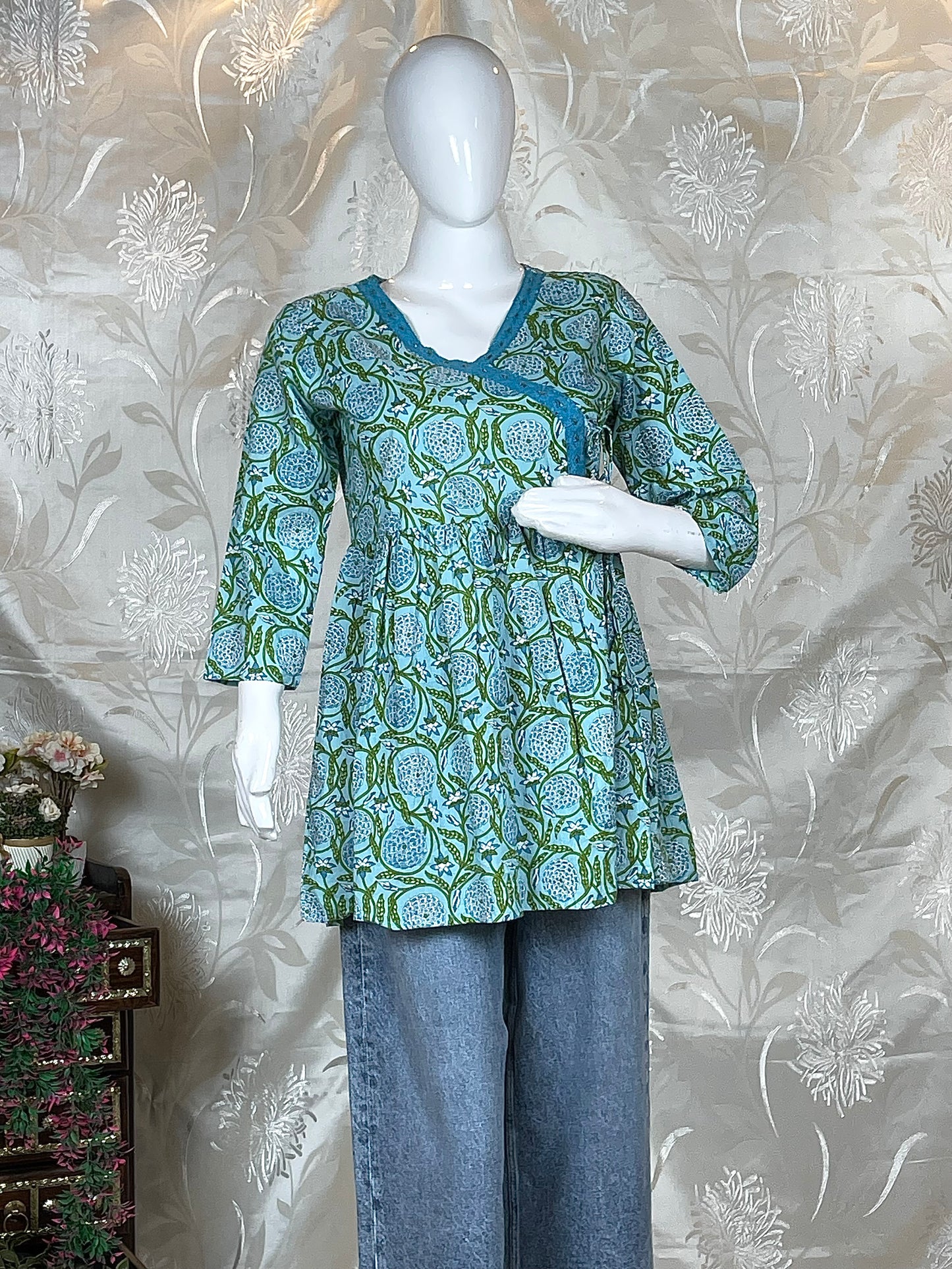Women Blue & green Floral Printed Cotton Frock-Style Short Kurti/Tunic