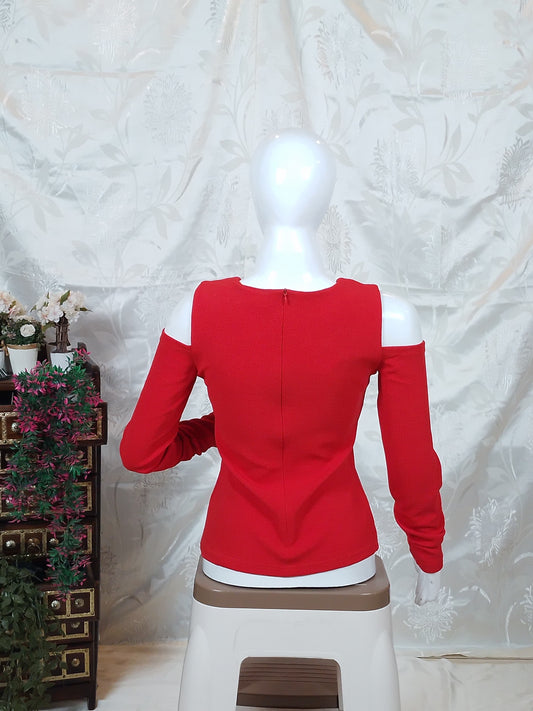 Women Red Solid Cold-Shoulder Top with Cutout Detail