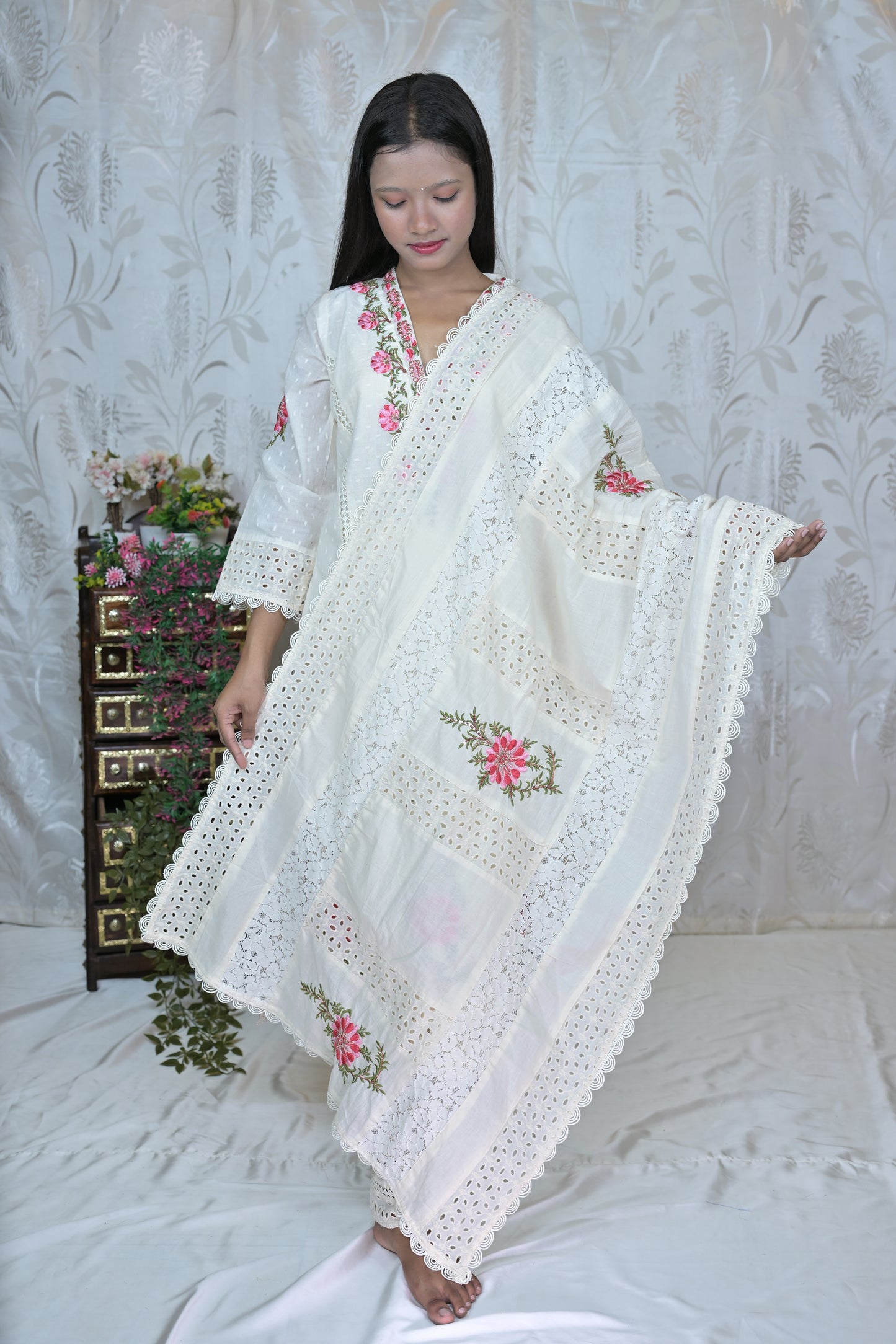 Delicate Floral & Cutwork White Suit