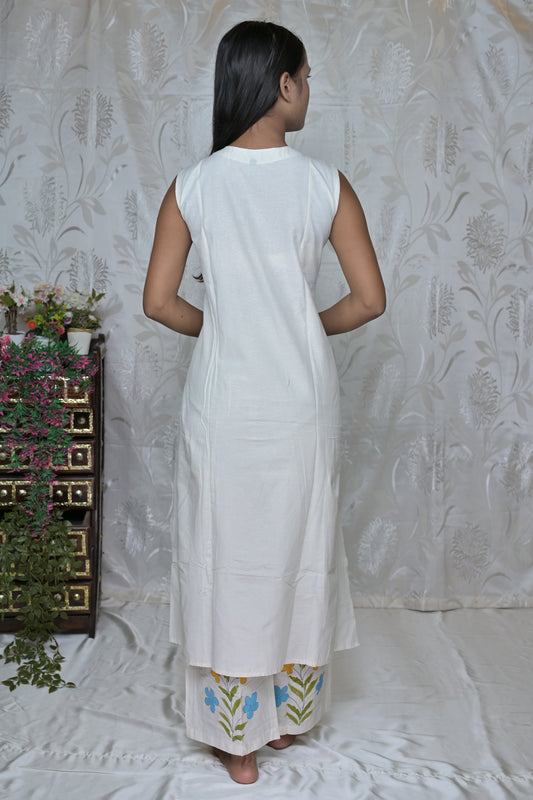 White & Multicolored Floral Hand-Painted Sleeveless Kurta with Palazzos