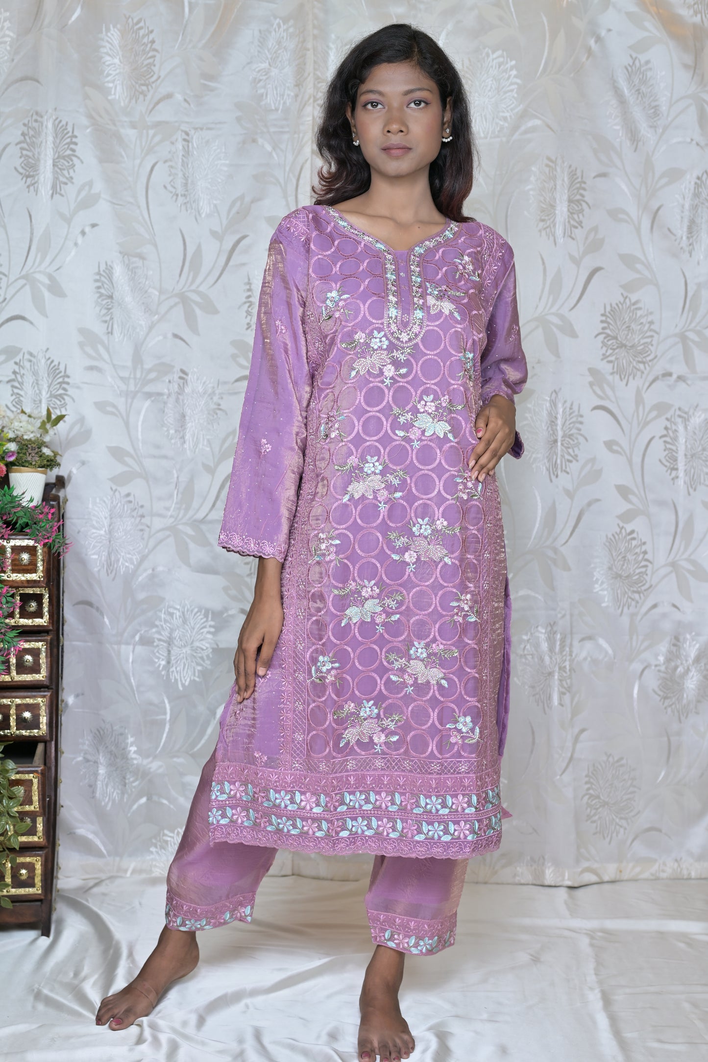 Artistic Floral Painted Kurta Set with Wrap Detail