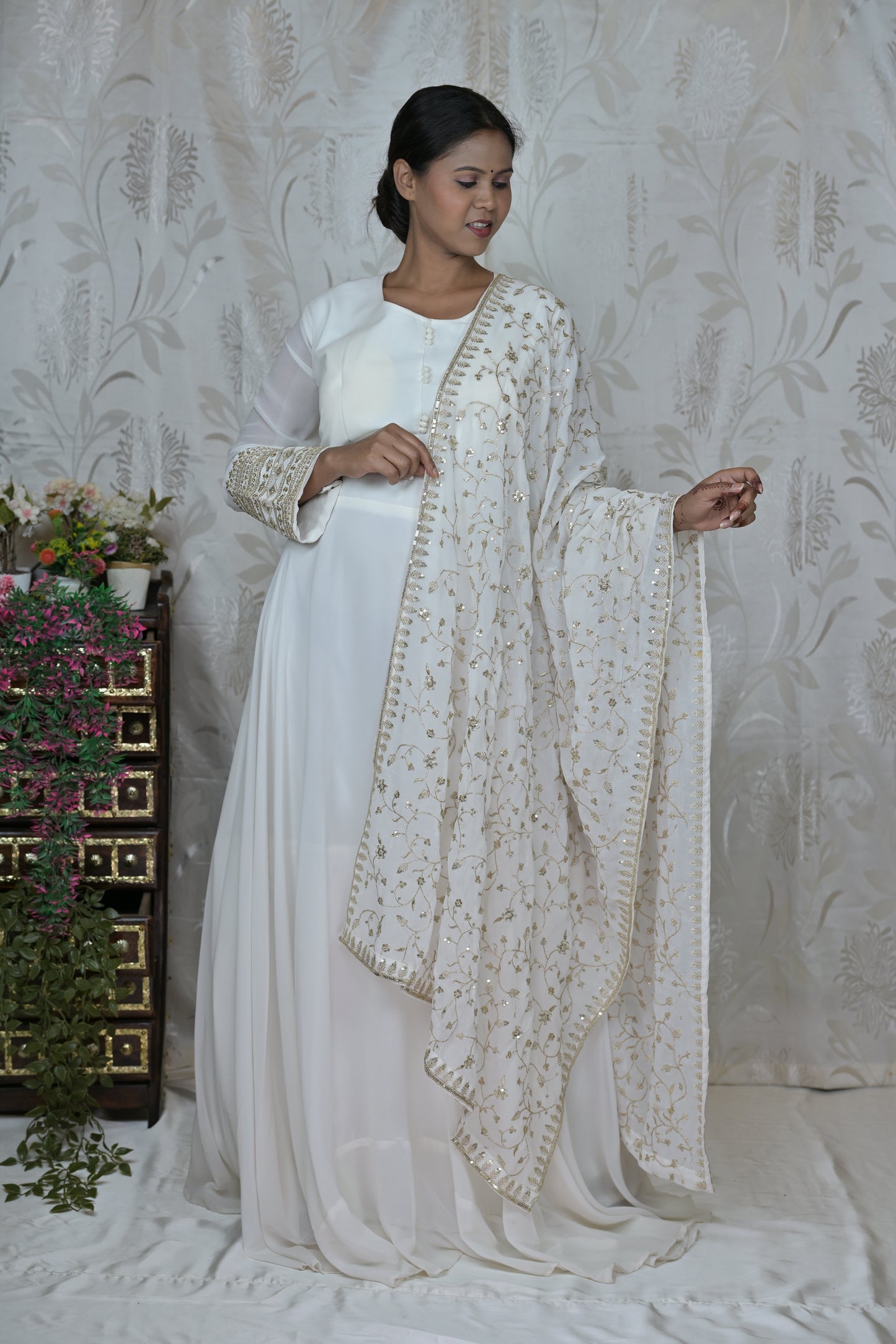 White Full Flare Anarkali Suit with Golden Embroidered Dupatta