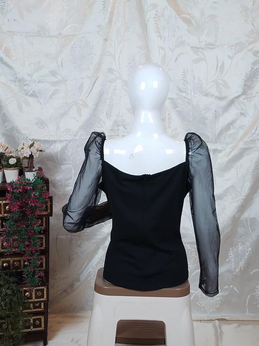 Black Sweetheart Neck Sheer Top