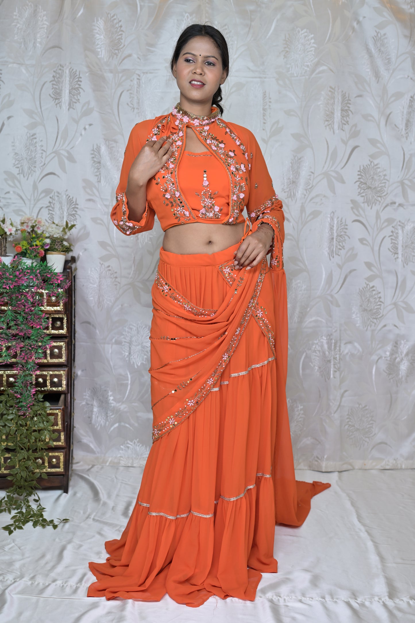 Orange Readymade Saree-Inspired Indo-Western Outfit