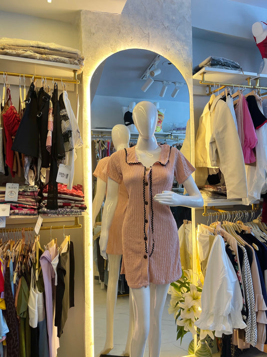 Sweetheart" Pink Textured Mini Dress with Contrast Trim